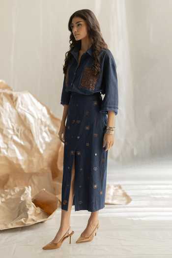 Shop_Pooja-Keyur_Blue Denim Aari Embroidered Skirt _at_Aza_Fashions