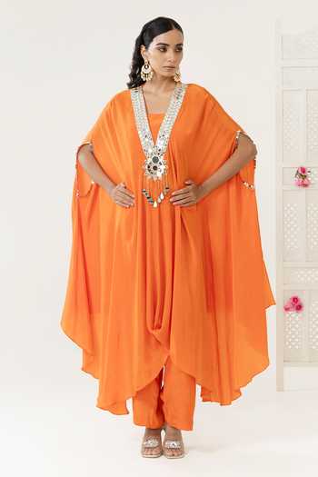 Buy_BAHAARA BY DIVYA NARULA_Orange Crepe V-, Yes, Square Arwa Placed Embroidered Kurta Set _at_Aza_Fashions