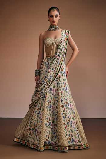 Buy_The Royaleum_Gold Silk, Net Beads, Pearls Sweetheart Neck Printed Lehenga Set _at_Aza_Fashions