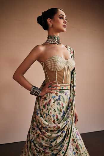 The Royaleum_Gold Silk, Net Beads, Pearls Sweetheart Neck Printed Lehenga Set _at_Aza_Fashions