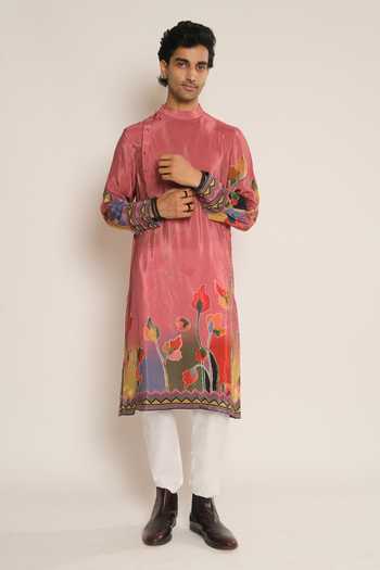 Buy_Esha L Amin_Pink Crepe, Viscose Floral Placement Print Kurta _at_Aza_Fashions