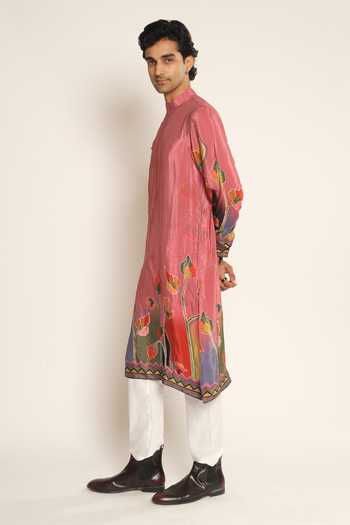 Esha L Amin_Pink Crepe, Viscose Floral Placement Print Kurta _Online_at_Aza_Fashions
