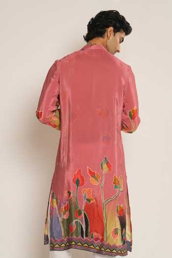 Shop_Esha L Amin_Pink Crepe, Viscose Floral Placement Print Kurta _at_Aza_Fashions