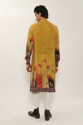 Shop_Esha L Amin_Yellow Crepe, Viscose Placement Printed Kurta _at_Aza_Fashions