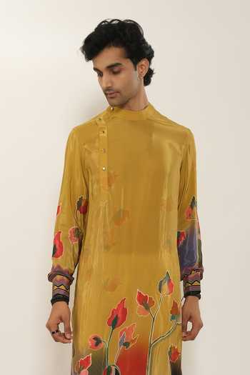 Buy_Esha L Amin_Yellow Crepe, Viscose Placement Printed Kurta _Online_at_Aza_Fashions
