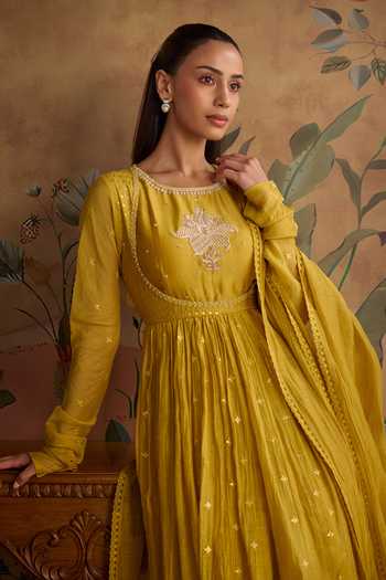 Shop_Kritika Dawar_Mustard Chanderi, Cotton Round Neck Evara Embroidered Anarkali Set _Online_at_Aza_Fashions