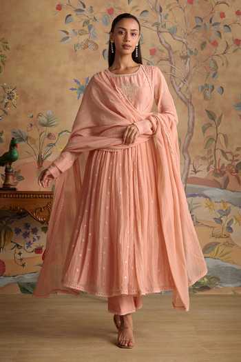 Buy_Kritika Dawar_Pink Chanderi, Cotton Round Neck, Yes Evara Embroidered Anarkali Kurta Set _Online_at_Aza_Fashions