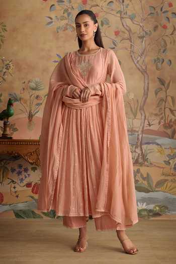 Buy_Kritika Dawar_Pink Chanderi, Cotton Round Neck, Yes Evara Embroidered Anarkali Kurta Set _at_Aza_Fashions