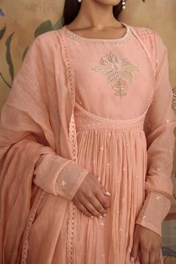 Shop_Kritika Dawar_Pink Chanderi, Cotton Round Neck, Yes Evara Embroidered Anarkali Kurta Set _Online_at_Aza_Fashions
