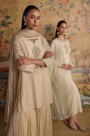 Shop_Kritika Dawar_Ivory Chanderi, Cotton Round Neck Evara Hand Embroidered Anarkali Set _at_Aza_Fashions