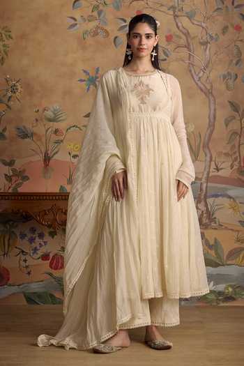 Kritika Dawar_Ivory Chanderi, Cotton Round Neck Evara Hand Embroidered Anarkali Set _at_Aza_Fashions
