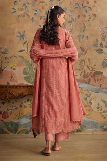 Shop_Kritika Dawar_Pink Chanderi, Cotton Split V-neck Saanjh Sequin Embroidered Anarkali Set _at_Aza_Fashions