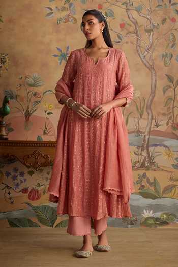 Kritika Dawar_Pink Chanderi, Cotton Split V-neck Saanjh Sequin Embroidered Anarkali Set _Online_at_Aza_Fashions