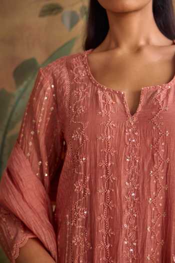 Buy_Kritika Dawar_Pink Chanderi, Cotton Split V-neck Saanjh Sequin Embroidered Anarkali Set _Online_at_Aza_Fashions
