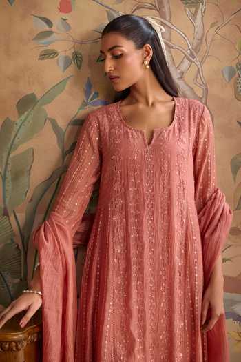 Shop_Kritika Dawar_Pink Chanderi, Cotton Split V-neck Saanjh Sequin Embroidered Anarkali Set _Online_at_Aza_Fashions