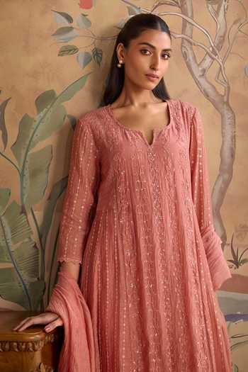 Kritika Dawar_Pink Chanderi, Cotton Split V-neck Saanjh Sequin Embroidered Anarkali Set _at_Aza_Fashions