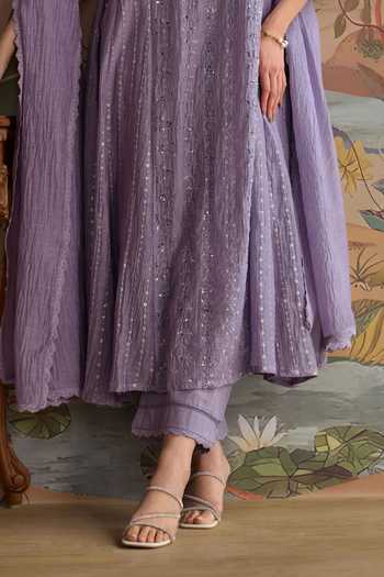 Kritika Dawar_Lilac Chanderi, Cotton Split V-neck Saanjh Embroidered Kurta And Pant Set _Online_at_Aza_Fashions