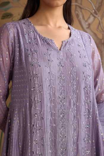 Shop_Kritika Dawar_Lilac Chanderi, Cotton Split V-neck Saanjh Embroidered Kurta And Pant Set 