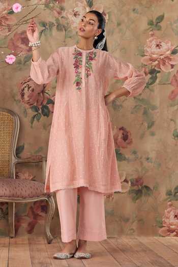 Kritika Dawar_Pink Chanderi, Cotton Round Neck Ziya Kurta And Pant Set _at_Aza_Fashions