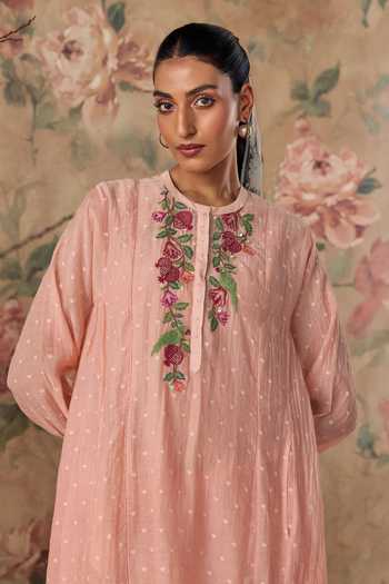 Buy_Kritika Dawar_Pink Chanderi, Cotton Round Neck Ziya Kurta And Pant Set 