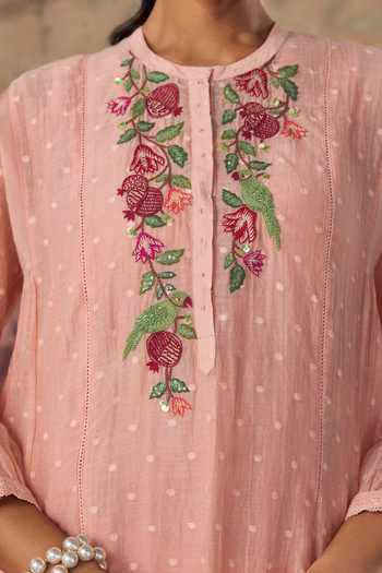 Shop_Kritika Dawar_Pink Chanderi, Cotton Round Neck Ziya Kurta And Pant Set 