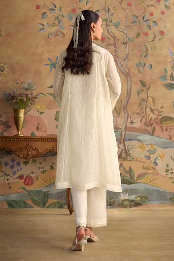 Kritika Dawar_Ivory Chanderi, Cotton Round Neck Ziya Aanar Embroidered Kurta Set _Online_at_Aza_Fashions