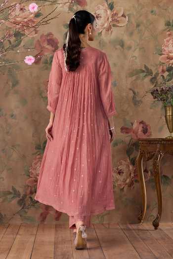 Kritika Dawar_Pink Chanderi, Cotton Round Neck Aayra Hand Embroidered Kurta Set _Online_at_Aza_Fashions