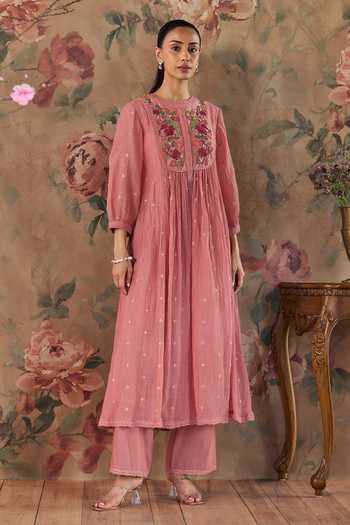 Shop_Kritika Dawar_Pink Chanderi, Cotton Round Neck Aayra Hand Embroidered Kurta Set _Online_at_Aza_Fashions