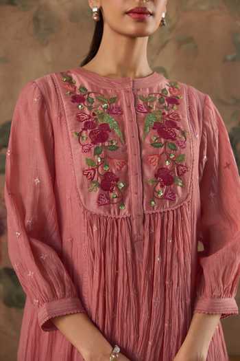 Buy_Kritika Dawar_Pink Chanderi, Cotton Round Neck Aayra Hand Embroidered Kurta Set 