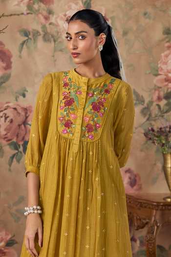 Shop_Kritika Dawar_Mustard Chanderi, Cotton Round Neck Aayra Hand Embroidered Kurta Set _Online_at_Aza_Fashions