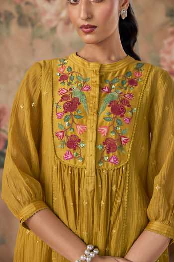 Buy_Kritika Dawar_Mustard Chanderi, Cotton Round Neck Aayra Hand Embroidered Kurta Set 