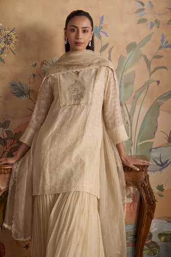 Shop_Kritika Dawar_Ivory Chanderi, Organza V-neck Ruh Embroidered Kurta Set _Online_at_Aza_Fashions