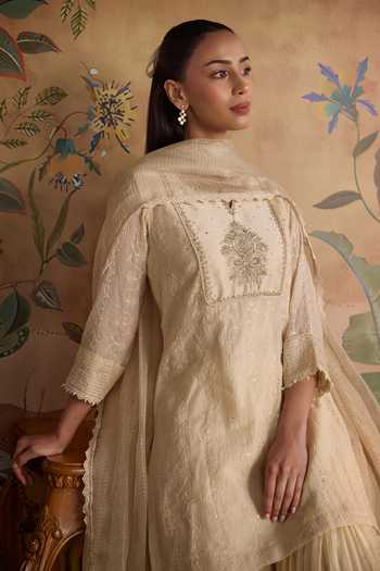 Shop_Kritika Dawar_Ivory Chanderi, Organza V-neck Ruh Embroidered Kurta Set 
