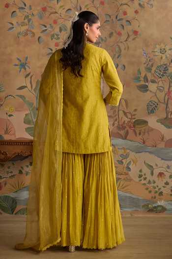 Shop_Kritika Dawar_Yellow Chanderi, Organza V-neck Ruh Embroidered Kurta And Gharara Set _at_Aza_Fashions