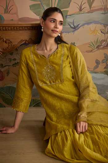 Buy_Kritika Dawar_Yellow Chanderi, Organza V-neck Ruh Embroidered Kurta And Gharara Set _Online_at_Aza_Fashions