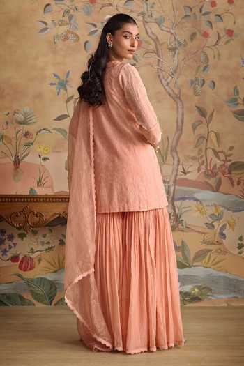 Shop_Kritika Dawar_Pink Chanderi, Organza Split V-neck Ruh Embroidered Kurta And Gharara Set  _at_Aza_Fashions