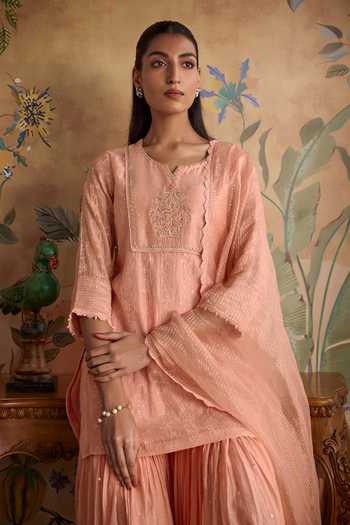 Shop_Kritika Dawar_Pink Chanderi, Organza Split V-neck Ruh Embroidered Kurta And Gharara Set  _Online_at_Aza_Fashions