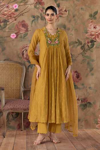 Buy_Kritika Dawar_Mustard Chanderi, Cotton, Organza V-neck Chirai Embroidered Kurta And Pant Set _at_Aza_Fashions