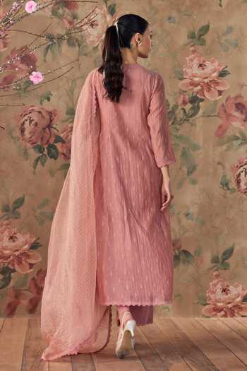 Shop_Kritika Dawar_Pink Chanderi, Cotton, Organza V-neck Chirai Hand Embroidered Yoke Kurta Set _at_Aza_Fashions