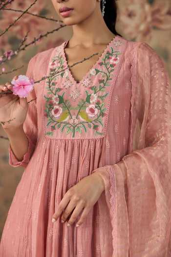 Kritika Dawar_Pink Chanderi, Cotton, Organza V-neck Chirai Hand Embroidered Yoke Kurta Set _at_Aza_Fashions