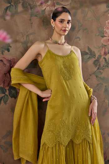 Shop_Kritika Dawar_Yellow Chanderi Scoop Neck Safa Kurta And Gharara Set _Online_at_Aza_Fashions