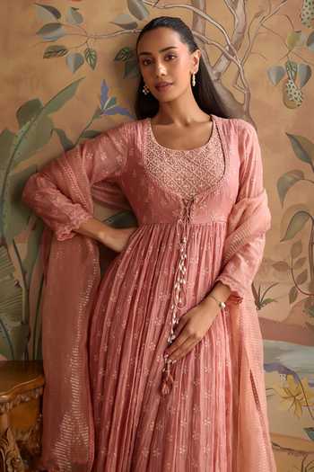 Kritika Dawar_Pink Chanderi, Cotton, Organza Scoop Neck Falak Hand Embroidered Anarkali Set _Online