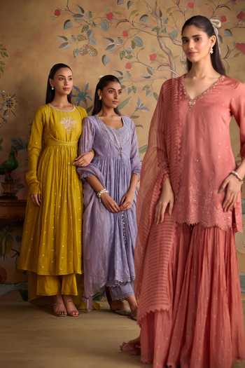 Kritika Dawar_Pink Chanderi V-neck, Yes Hand Embroidered Short Kurta Gharara Set _Online