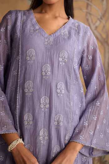 Kritika Dawar_Lilac Chanderi, Silk, Cotton V-neck Avira Embroidered Kurta And Pant Set _Online