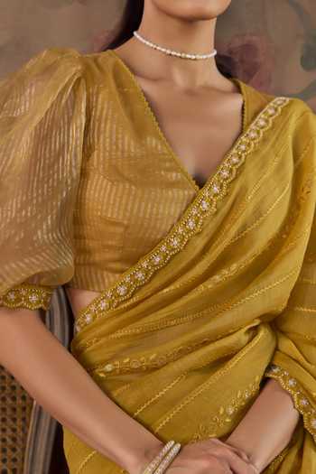 Kritika Dawar_Yellow Organza, Chanderi V-neck Nisa Embroidered Saree With Blouse _Online