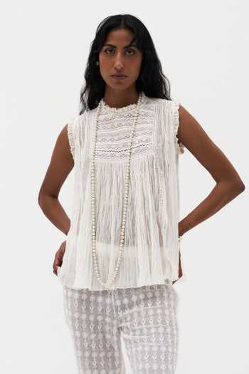 Buy_Payal Jain_Off White Cotton, Voile High Neck Alison Embroidered Top _at_Aza_Fashions