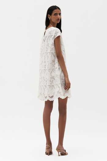 Shop_Payal Jain_Off White Cotton Round Neck Lea Cutwork Dress _Online_at_Aza_Fashions