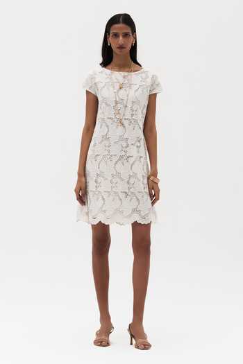 Buy_Payal Jain_Off White Cotton Round Neck Lea Cutwork Dress _at_Aza_Fashions