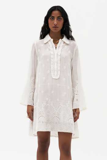 Buy_Payal Jain_Off White Muslin (mulmul) Collared Neck Bronte Chikankari Dress _at_Aza_Fashions