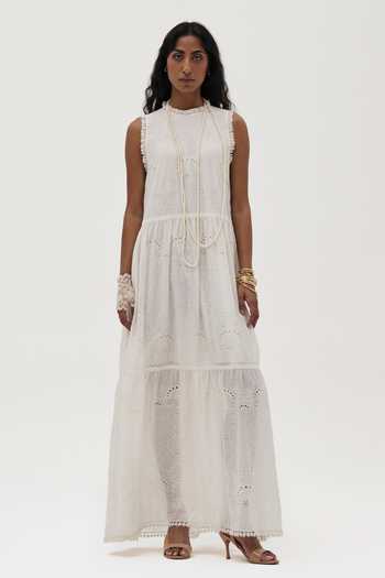 Buy_Payal Jain_Off White Cotton High Neck Erin Embroidered Dress _at_Aza_Fashions